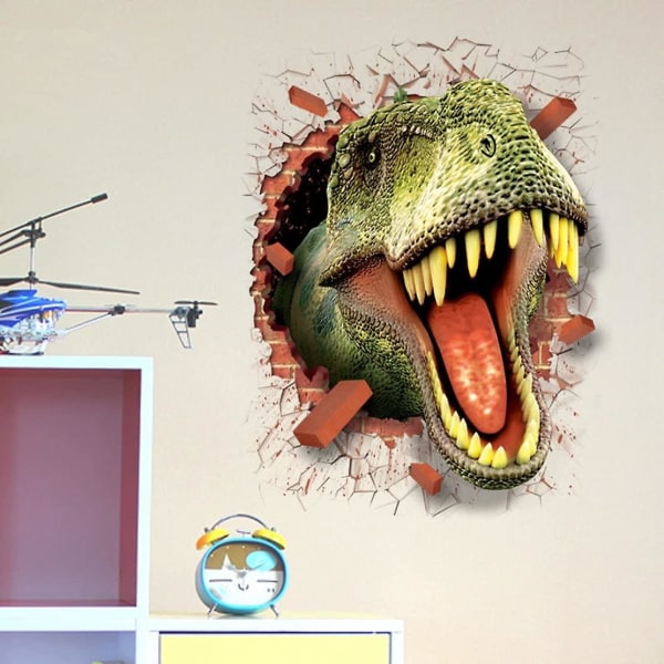 3d självhäftande, avtagbar bryta igenom väggen Vinyl väggdekal/väggmålning Konstdekor dekorator (3d dinosaurier som öppnar mun (19,7 X 27,6))