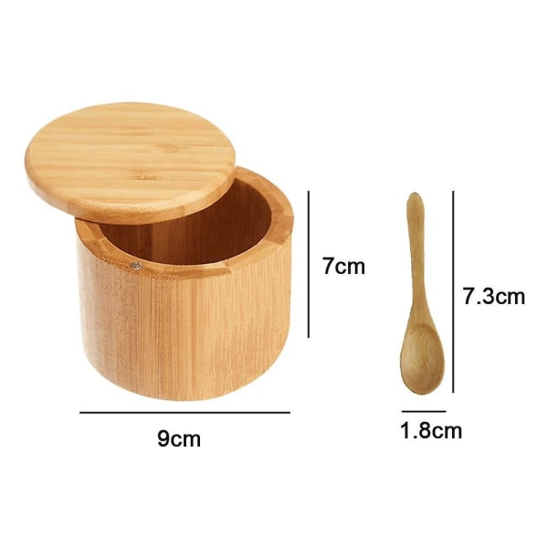 Premium Saltbehållare i Bambu, Saltkar med Magnetiskt Snurrande Lock - Saltbox med Sked Round Seasoning Jar*Mini Spoon