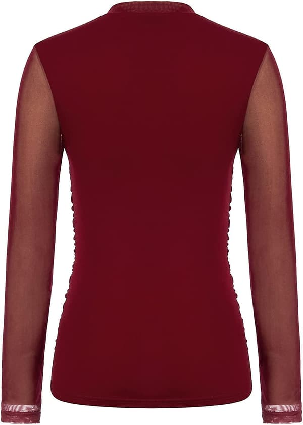 Gennemsigtige patchwork mesh toppe til kvinder, afslappet langærmet rynket sheer toppe Wine L