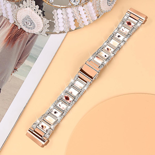 Resin klockarmband med strass i rostfritt stål för Fitbit Versa 4/Sense 2 Rose Gold Nougat Pattern