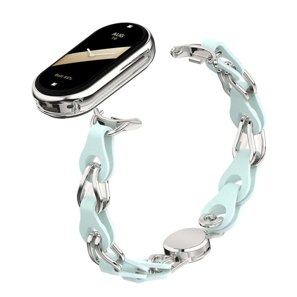 För Xiaomi Smart Band 8 magnetiskt watch äkta koläder+kedjearmband av aluminiumlegering Blue