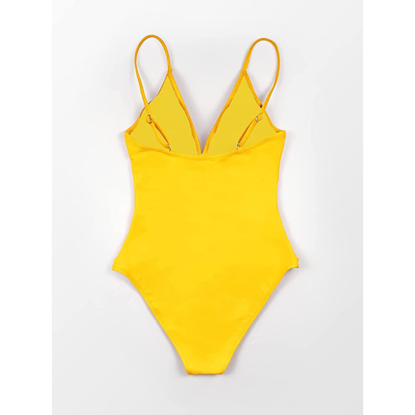 Dame Badedragt Heldragt V-hals Mavekontrol Rynket Front Lav Ryg Yellow M