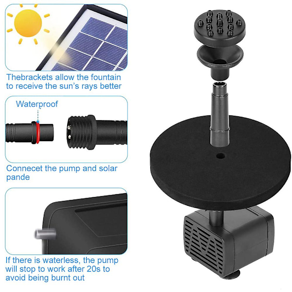 6.0W Solar Fontæne Vandpumpe - 500Lph Solcelledrevet Fuglebad Pool Vandingspumpe Med 6 Dyser Til Have, Dam, Pool