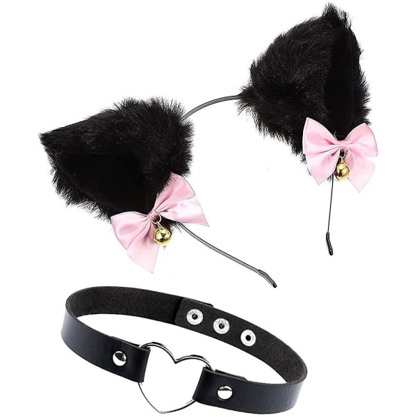 Cat Ears Pannband Choker Halsband Set, Plysch Furry Ears Hårband med Bells Rosett