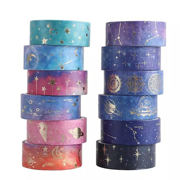 12 Ruller Galaxy Washi Tape, Gullfolie Konstellasjon Washi Maskeringstape, Måne, Stjerner, Himmelsk, DIY Dekorativ Papirtape, Gaveinnpakning, Dekorativt Hå