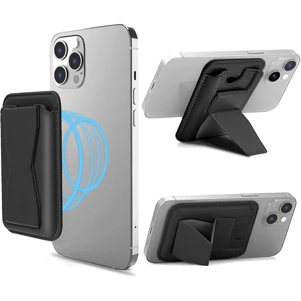 Magsafe-korthållare, telefonplånbok i läder med magnetstativ Fingergrepp för Iphone 15/14/13/12-serien Black