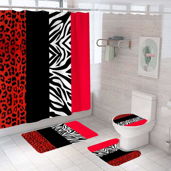 4 delar Leopard duschdraperier med halkfri matta vertikal stång, toalettlock och badmatta, vintage vattentät duschdraperi för badrum med 12 krokar