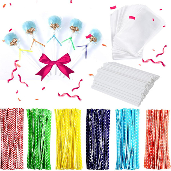 360 stk. 15 cm Slikkepindepinde, Cake Pops-poser og indpakningssæt - Inklusive pakkeposer og metalliske twistbånd