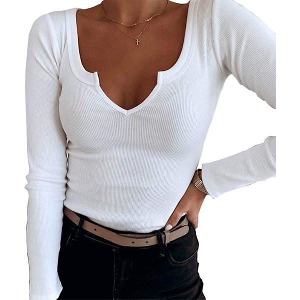Dam V-ringad Ribbstickad Långärmad Tröja Figursydd Basic Slim Fit Stickad Topp S