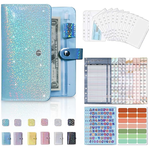 A6 Budget Binder med 12 st dragkedjor kuvert för budgetering, pengar arrangör för kontanter fyllning besparingar bindemedel bok, liten budget planerare plånbok med Bi Cyan