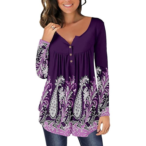 Dame Tunika Topper Ensfarget Plissert V-hals Knapper Bluse Blomstertrykte Damer Mixblue 1 S