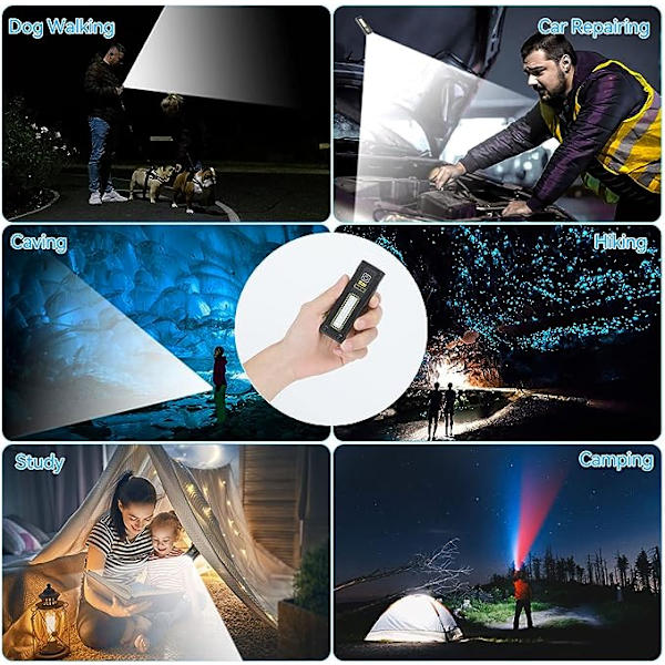 Mini LED Lommelykt USB Oppladbar LED Lommelykt Super Sterk, Lett Nødlykt 1200mAh, 4 Lysmoduser Lommelykter for Bilreparasjon