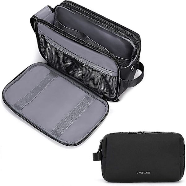 Toalettsak för Män Vattentät Rakning Dopp Kit Övernattning Tvålåda Kosmetikväska Badrum Toalettartiklar Organizer PU Läder (Svart)