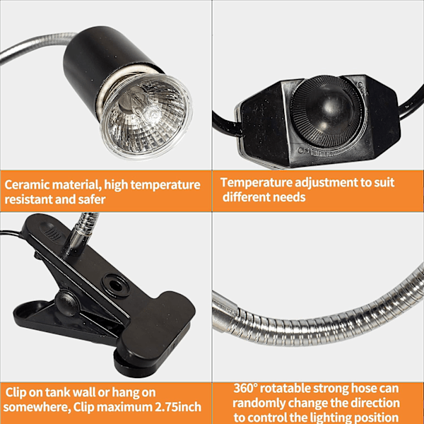 Akvarie Varmelampe Skildpaddelys med Klemme, 2 UVA UVB Pærer (50W), Justerbar Holder til Sollampe, Lyslampe Kæledyrsopvarmning Firben Slange Reptil Skildpadder
