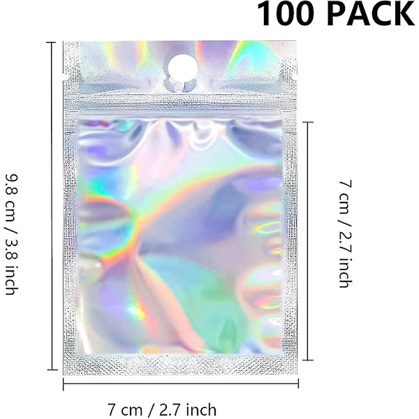 100 stk. Holografiske emballageposer Små slikposer Mylar-poser Lynlås Lugtfri