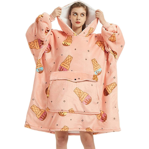 Överdimensionerad huvfilt tröja för kvinnor, tryck flanell sherpa filt stor ficka, supermjuk varm mysig bärbar tjock luvtröja One size passar till Al