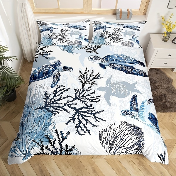 2/3 stk. Akvarell Skilpadder Mønster Dynetrekksett, (1 Dynetrekk + 2 Putetrekk, Uten Kjerne), Mykt Komfortabelt Sengesett Blue turtle king