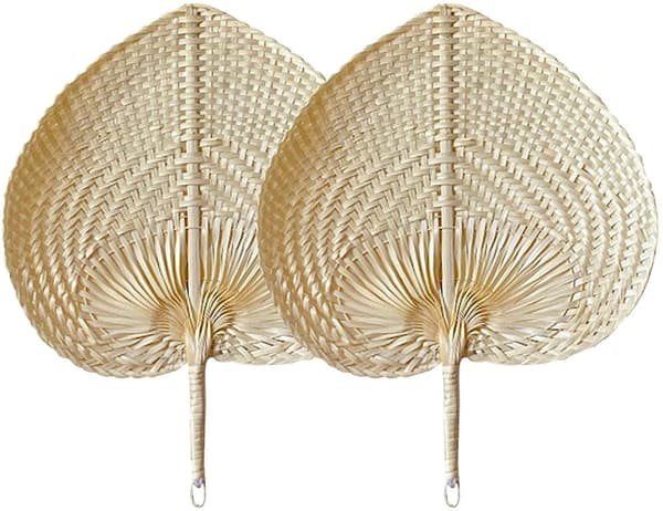 Set med 2 fläktar av bambu och naturrotting, handvävda palmbladsdesign