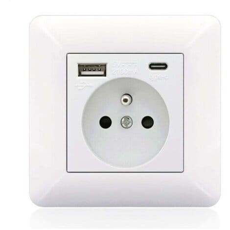 Fransk Type-C+USB16A Type 86 stikkontaktpanel, antall stikkontakter: 2 hull, antall USB-porter: 1, antall Type-C-porter: 1, sikker og solid (hvit bue)