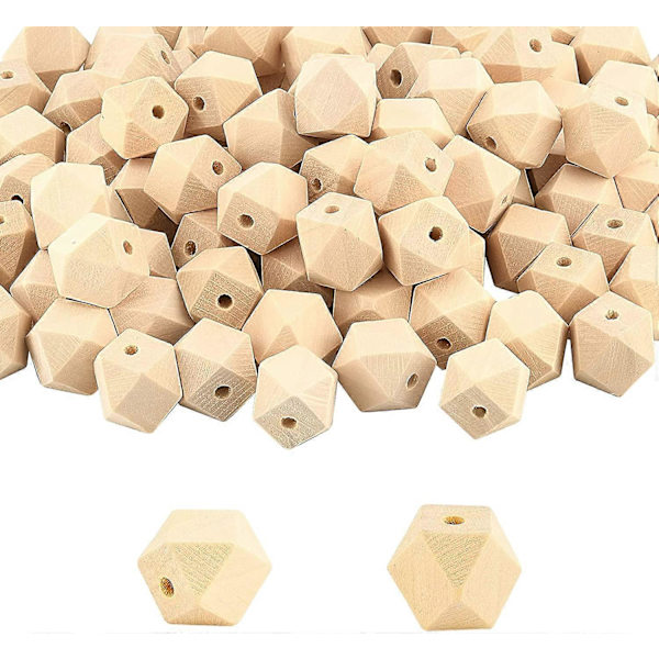 100 st Geometriska Träpärlor 20mm Omålade Facetterade Polygoner Forma Träpärlor Naturlig Färg Polyeder Träpärlor för Hantverk Girlander Servis Jul