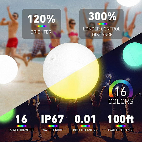 16 tommer oppustelig LED lysende vandbold, 16 farver lys og 4 lystilstande, 30 meters kontrolafstand
