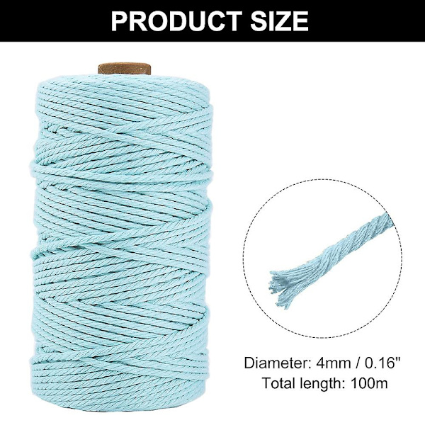 4mm*109 yards Snor, Bomuldssnor Farvet Enkeltrådet Snoet Snor Til DIY Håndværk Vægophæng, Planteophæng Light blue