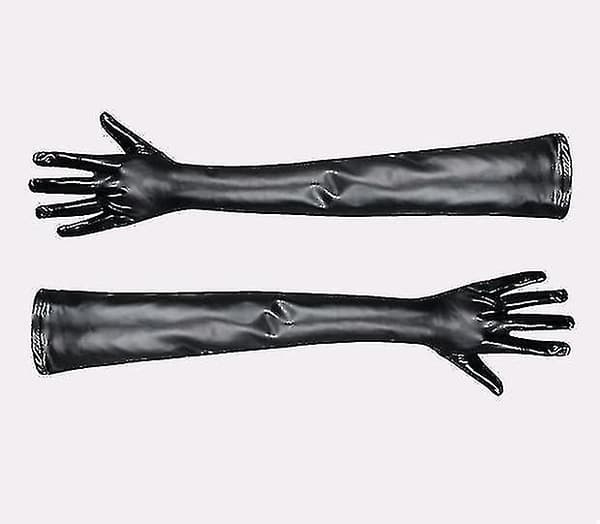 Dame Sorte Lange Handsker Våd Look Handsker Elastiske Skinnende Sorte Operahandsker Xixi black S