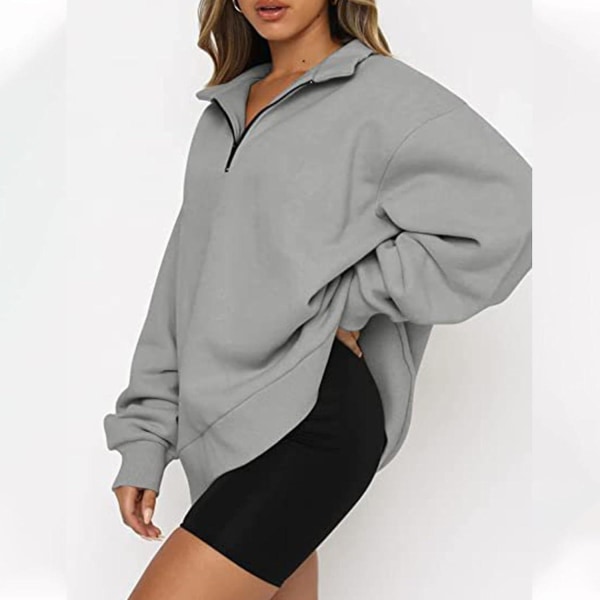 Dame Oversized Halvzip Trøje med Lange Ærmer - Efterårssweatshirt - Kvartzip Trendy Hoodie Outfits til Teenagere m0 grey 3X Large