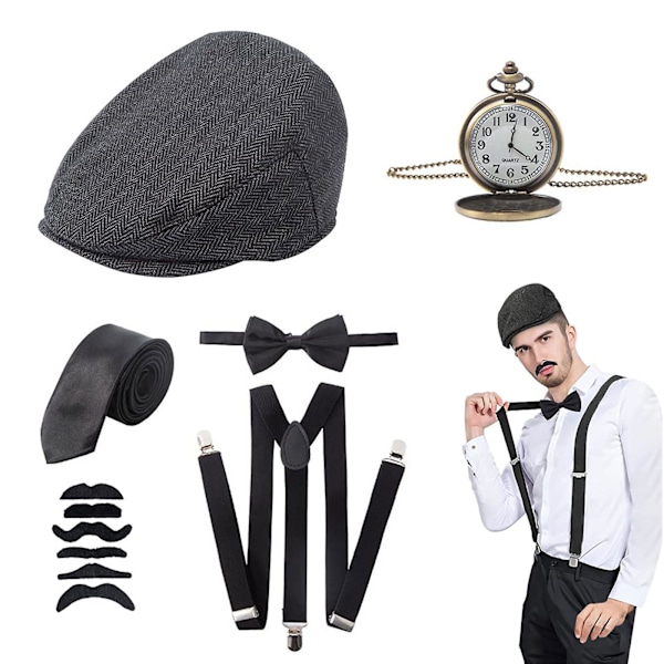 20 % alennus 1920-luvun miesten asusta Peaky Blinders Gatsby Panama -hattu henkselit rusetti dark grey