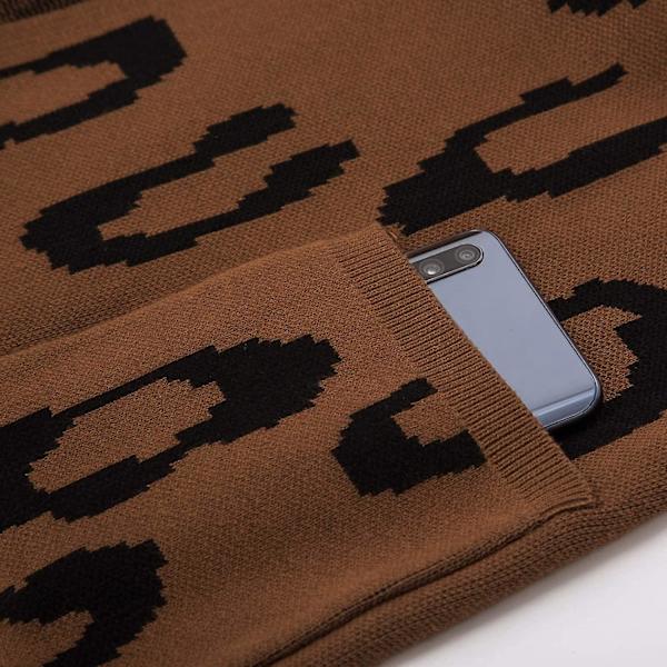 Essential Leopard Print Lång stickad cardigantröja med öppen framsida för kvinnor S