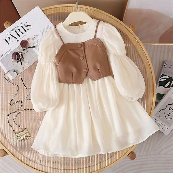 Vårdrøkter for jenter, vest + kjoler med lange ermer, 2-delt, søte prinsessekjoler for barn, chiffon, 2 til 10 år Beige 130