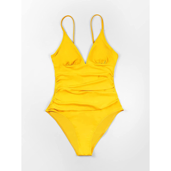 Dame Badedragt Heldragt V-hals Mavekontrol Rynket Front Lav Ryg Yellow L