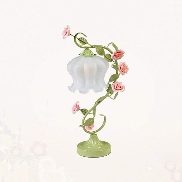 Skrivbordslampa Koreansk stil bordslampa Delikat järnsmide Blomformad frostad glasskärm | Grön metall rotting rosa keramik rosor dekoration