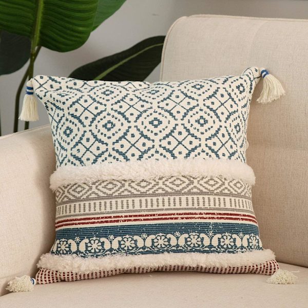 Boho Tuftade Dekorativa Kuddfodral för Soffa - Modernt Marockanskt Kuddfodral med Tofs, Sovrum Vardagsrum Bil Hotell, 18x18 Tum Blue