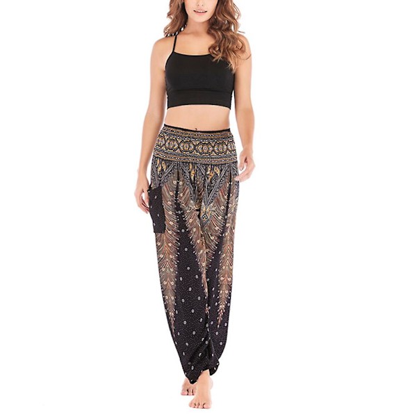 Boho Joogahousut Naisille - Painetut Pilateshousut Löysällä Istuvuudella ja Pussimaisella Harem-tyylillä - Täydelliset Rannalle, Joogaan, Tanssiin ja Muuhun Black One Size