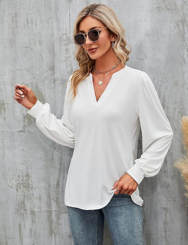 Dam Casual V-ringad Toppar Svarta Blusar Lykta Långärmad Blusar White L