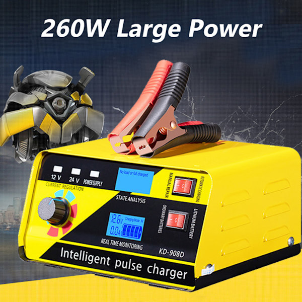 Bilbatterioplader 260W 12V/20A 24V/15A Lithium Batterioplader Auto Batterioplader Vedligeholder Til Bil Båd Motorcykel Blybatteri US plug