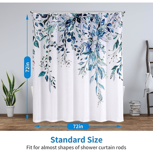 180x180 cm blå blomstret bruseforhæng med 12 kroge, vandtæt polysilicium bruseforhæng, maskinvaskbart, hurtigtørrende, til badekar eller badeværelse