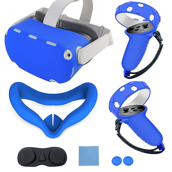 Oculus Quest 2 täysi paketti, silikoninen suojakotelo VR-isännälle, liukueste ja putoamisen esto, 6-osainen setti VR-lasitarvikkeet (sininen)
