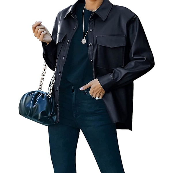 Knapp framtill i konstläder jacka Shacket Casual skjorta långärmad Blazer kappa med bystficka XL
