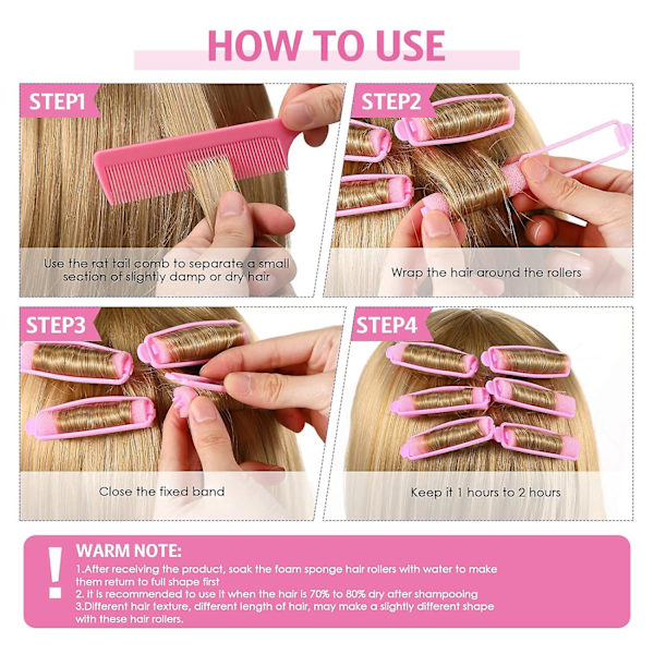 43 stk. Skum Svamp Hårruller Sæt, Bløde Sovende Hår Curlers 1,5 cm Fleksible Hår Styling Svamp Curler og Rustfrit Stål (Pink)