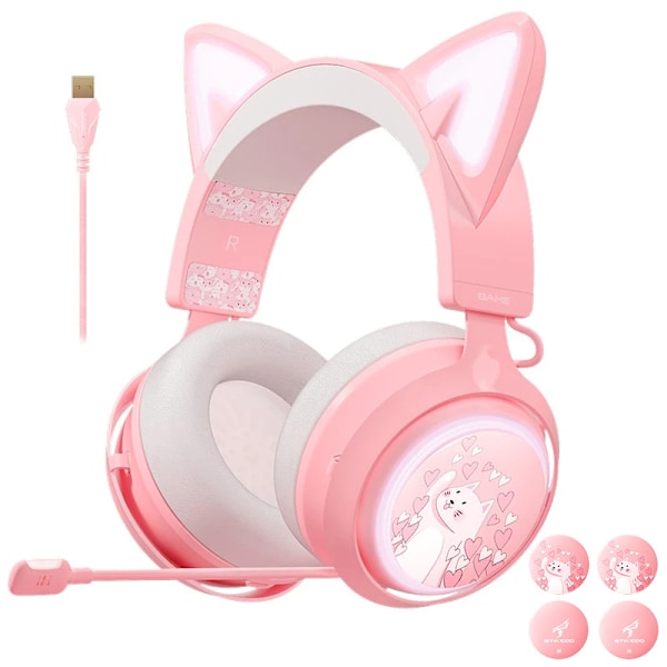 2.4G Pink Katteøre Headset GS510 Trådløse Gaming Hovedtelefoner med RGB Lys, Stereo Lyd, Udtrækkelig Mikrofon med Støjreduktion