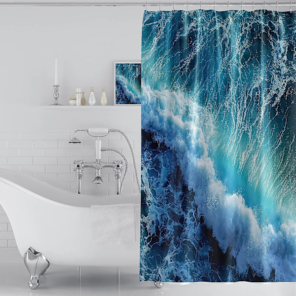 Bruseforhæng Grønt Skimmelsikkert Vandafvisende Fugle Blomster Badeværelse 3d Ocean Waves