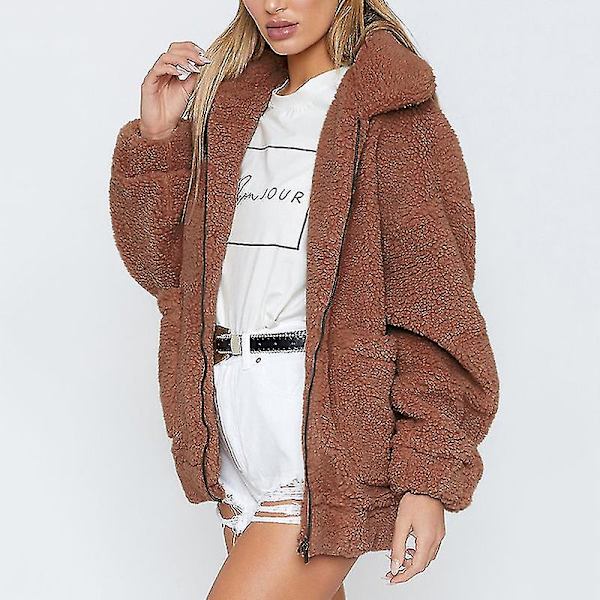 Dame Bjørn Fleece Jakke Frakke Lynlås Overtøj Brown XL