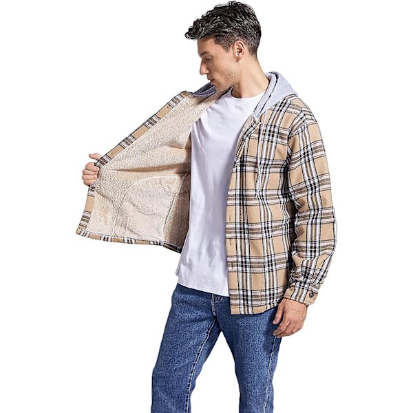 Herrkläder Bomull Rutig Skjortor Jacka Fleece Fodrad Flanellskjortor Sherpa Knapp Ned Jackor Med Huva För Män khaki 2XL