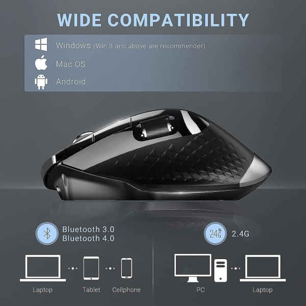 Rapoo trådlös mus, multienhets Bluetooth-mus för bärbar dator, sladdlös mus upp till 3200 dpi, ergonomisk mus med sidohjul, hög precision