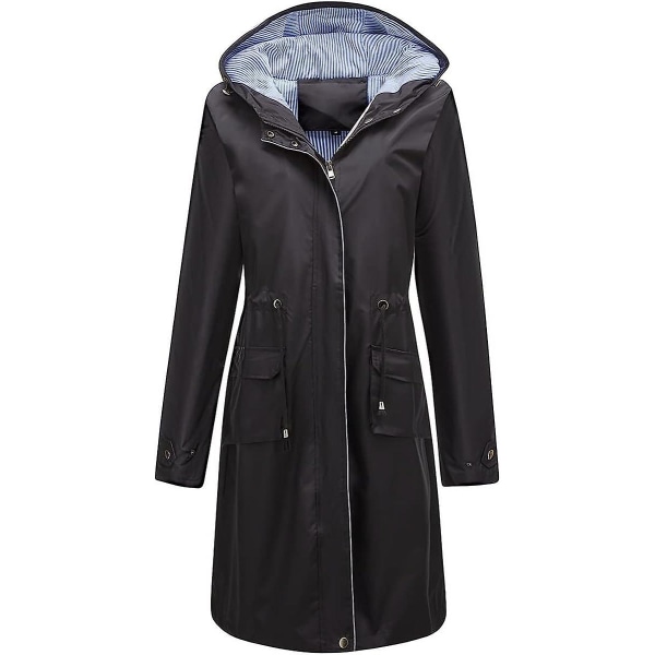 Dam lång vattentät jacka Lättviktsregnjacka med huva Windbreak Outdoor Trenchcoats Black 3XL