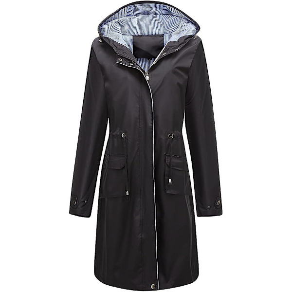 Dame Lang Vandtæt Jakke med Hætte Letvægts Regnfrakke Vindjakke Udendørs Trenchcoat Black M