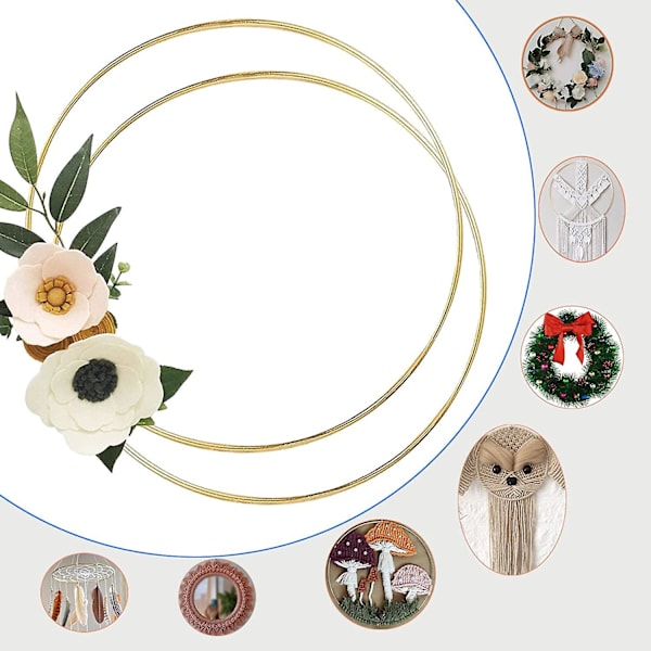 2 Pak 40cm/35cm/30cm/25cm/20cm/15cm/10cm Metal Blomsterkrans Makrame Guld Håndværksringe Til Fremstilling af Bryllupskrans Dekoration, Drømmefanger og DIY Vægophæng