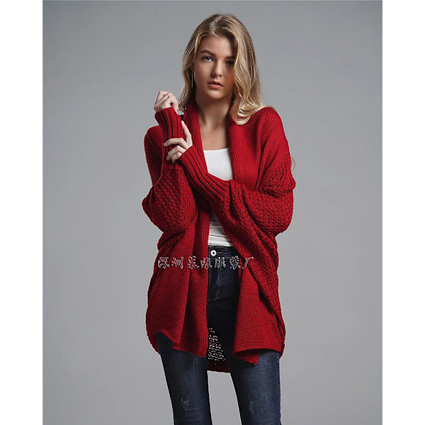 Höst och vinter fladdermusärm plus size lång stickad kofta tröja dam kappa dam tröja Bright red Average size